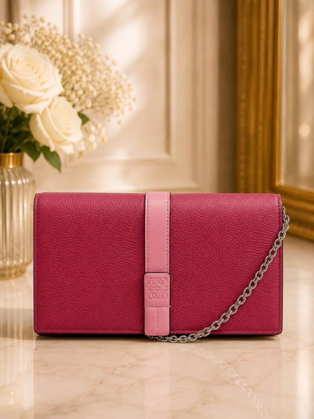 Authentic Loewe Pink Leather Chain Wallet Clutch Crossbody Bag Long Wallet